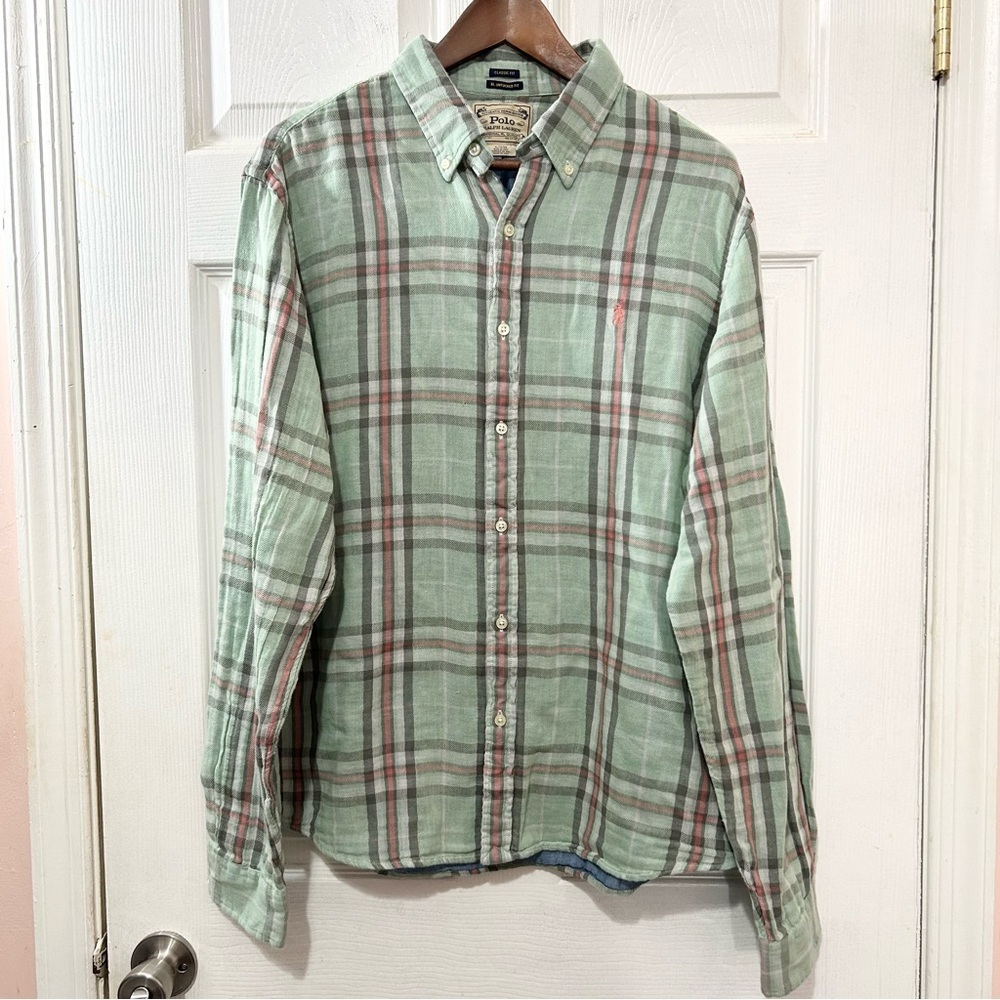 POLO Ralph Lauren Untucked Classic Fit Shirt Men's Plaid Green Gray Pink Size XL
